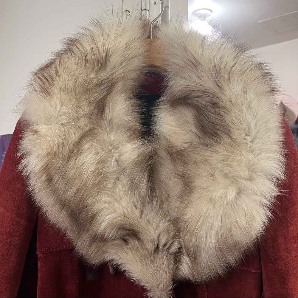 SIMPSONS Penny Lane Genuine Suede Leather Coat Real Fur Collar Belted Long Coat - Picture 6 of 16